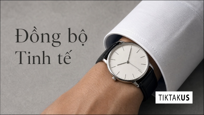 Ảnh chụp cận cảnh mặt số dress watch nằm gọn dưới mép tay áo sơ mi trắng