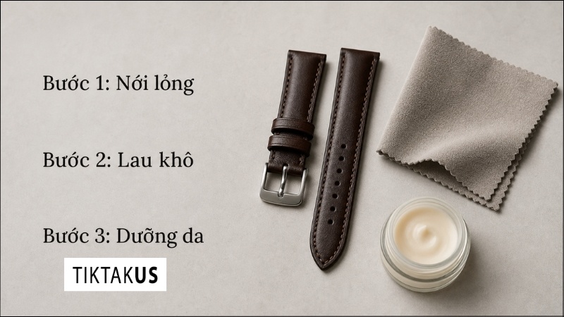 Các bước vệ sinh đồng hồ dây da bằng khăn mềm và kem dưỡng chuyên dụng