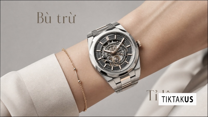 Cổ tay đeo đồng hồ cơ tự động mặt lớn kết hợp cùng một chiếc lắc tay kim loại dạng sợi mảnh