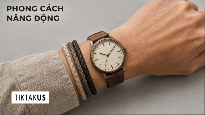 Cổ tay đeo đồng hồ dây da nâu mang phong cách vintage