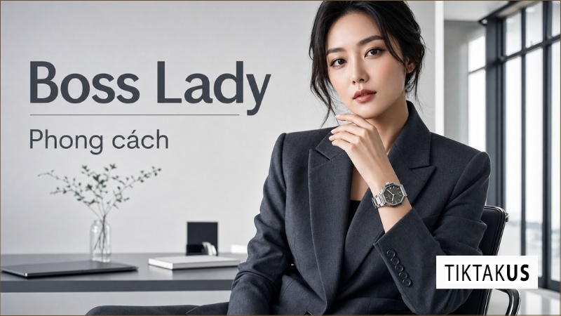 Người mẫu mặc suit công sở quyền lực phối cùng đồng hồ nữ mặt to dây kim loại