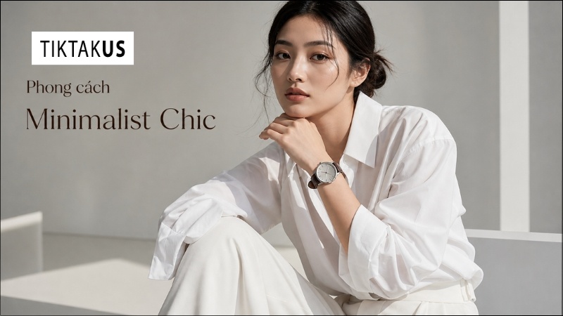 Outfit tối giản Minimalist Chic với sơ mi trắng oversize và đồng hồ dây da mặt to