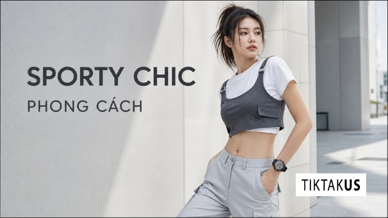 Cô gái diện trang phục dạo phố Sporty Chic khỏe khoắn cùng đồng hồ thể thao mặt to