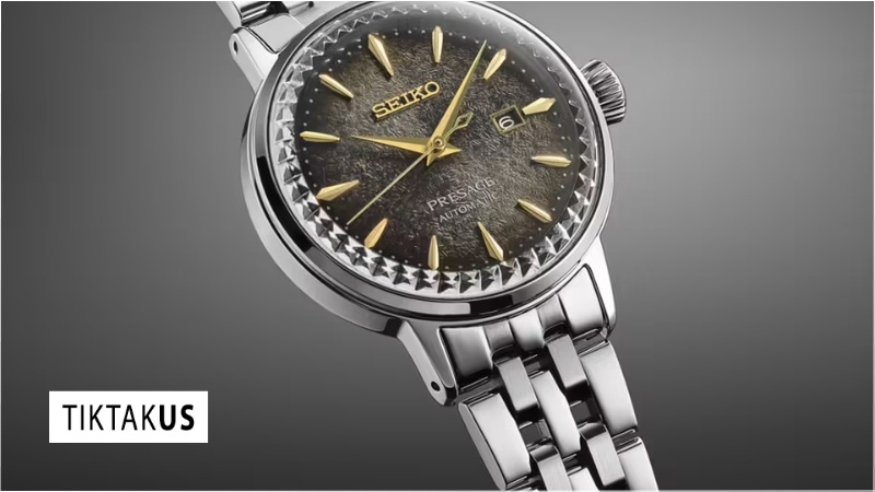 Cận cảnh mặt số chải tia tinh xảo của đồng hồ nữ Seiko Presage Cocktail