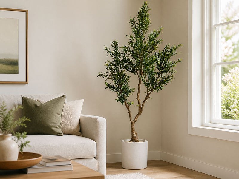 cây ô liu giả decor trong phòng khách cạnh cửa sổ