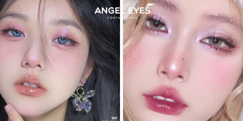 Make tone hồng nên đeo lens xám tây để nổi bật