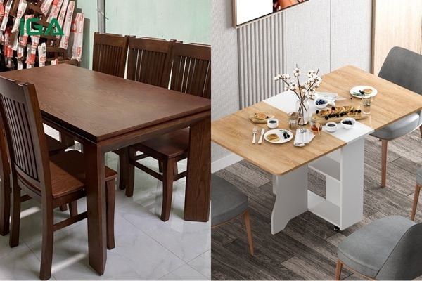 Bàn ăn làm bằng gỗ tự nhiên và gỗ công nghiệp