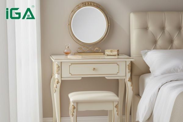 Bàn trang điểm tân cổ điển thường đi kèm gương và ghế