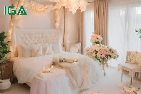 Trang trí giường cưới hiện đại theo gam màu trắng kem