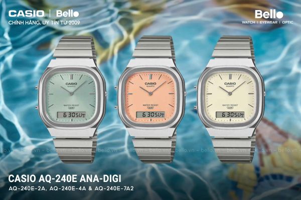 Casio AQ-240E – Ana-Digi Retro-Modern, 3 Màu Warm-Tone Pastel Mới 2026