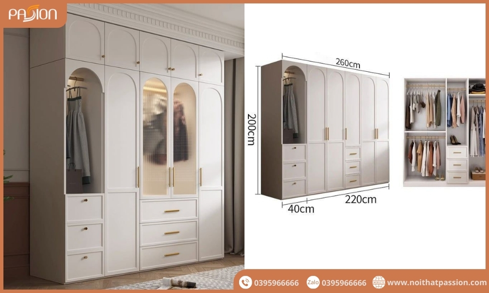 Hệ Tủ Quần Áo Cao Trần 240x200cm Phối Cánh Kính