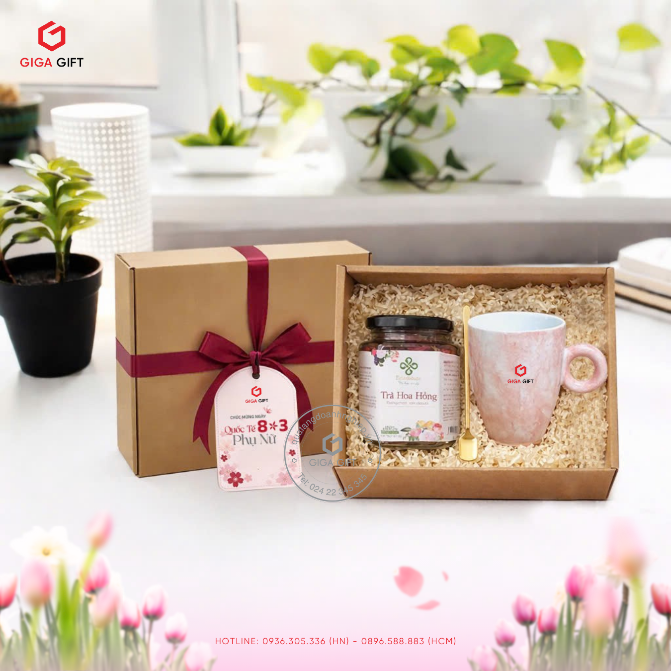 Hộp quà cốc sứ, thìa vàng và trà thảo mộc tùy chọn vị