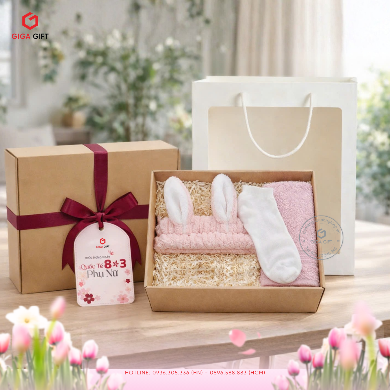Hộp quà draft gồm băng đô tai thỏ, tất và khăn tắm