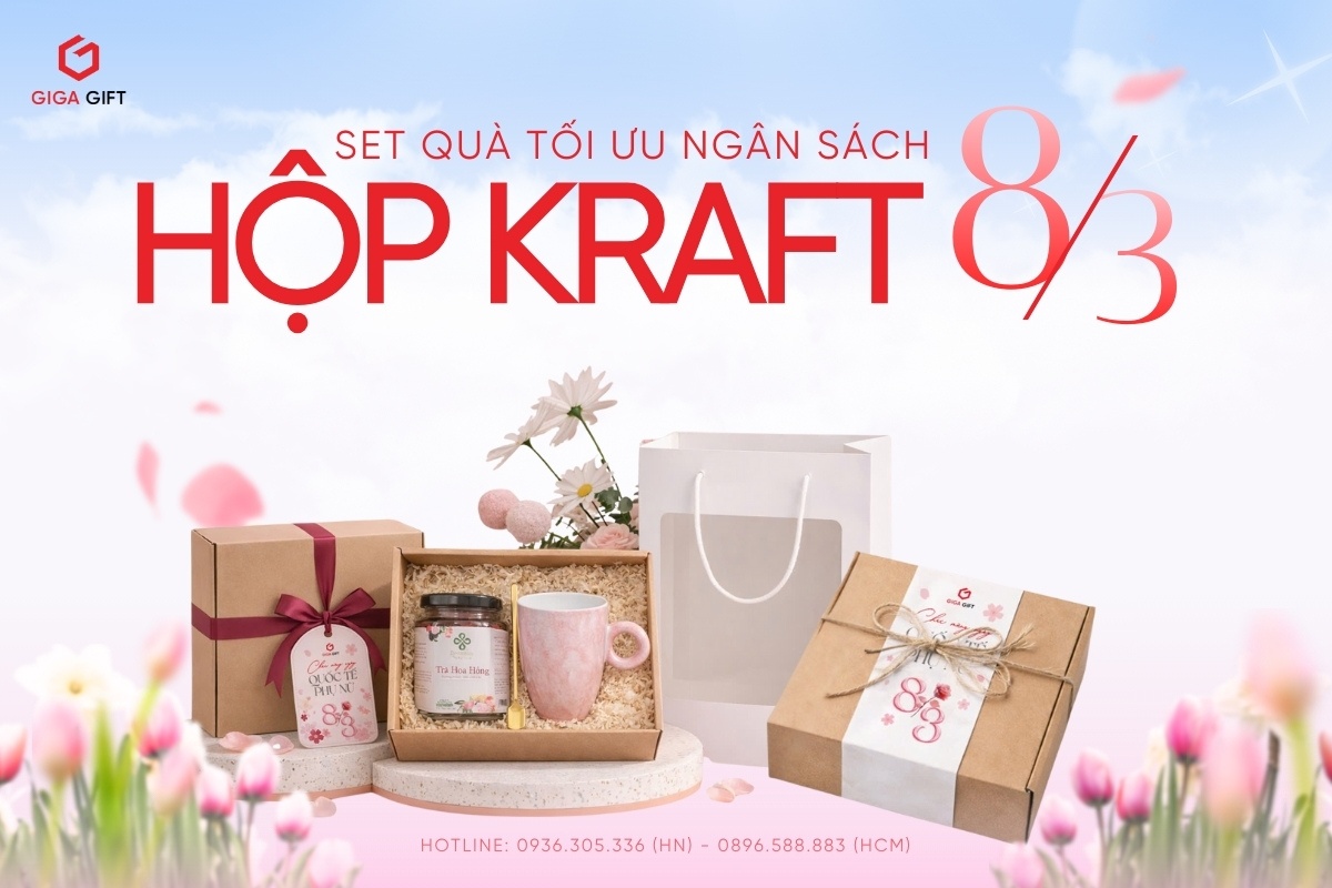 Hộp quà Kraft 8/3 tặng nhân viên nữ có thiết kế tối giản nhưng gần gũi và tiết kiệm chi phí.