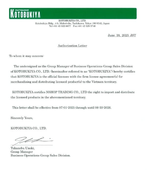 Authorization Letter NSHOP Đại lý ủy quyền Kotobukiya chính hãng duy nhất tại Việt Nam