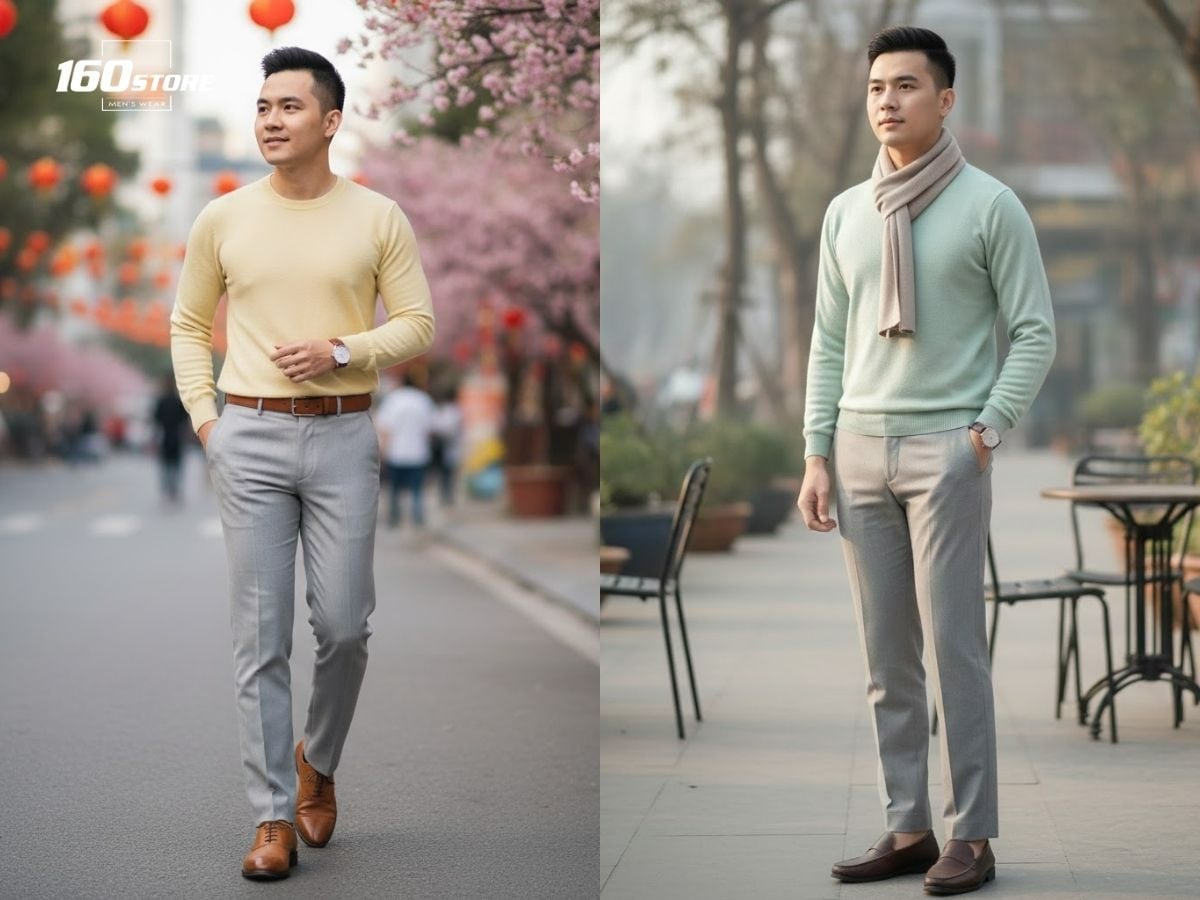 Phối đồ sáng đơn giản với áo len cổ tròn và quần tây dáng đứng