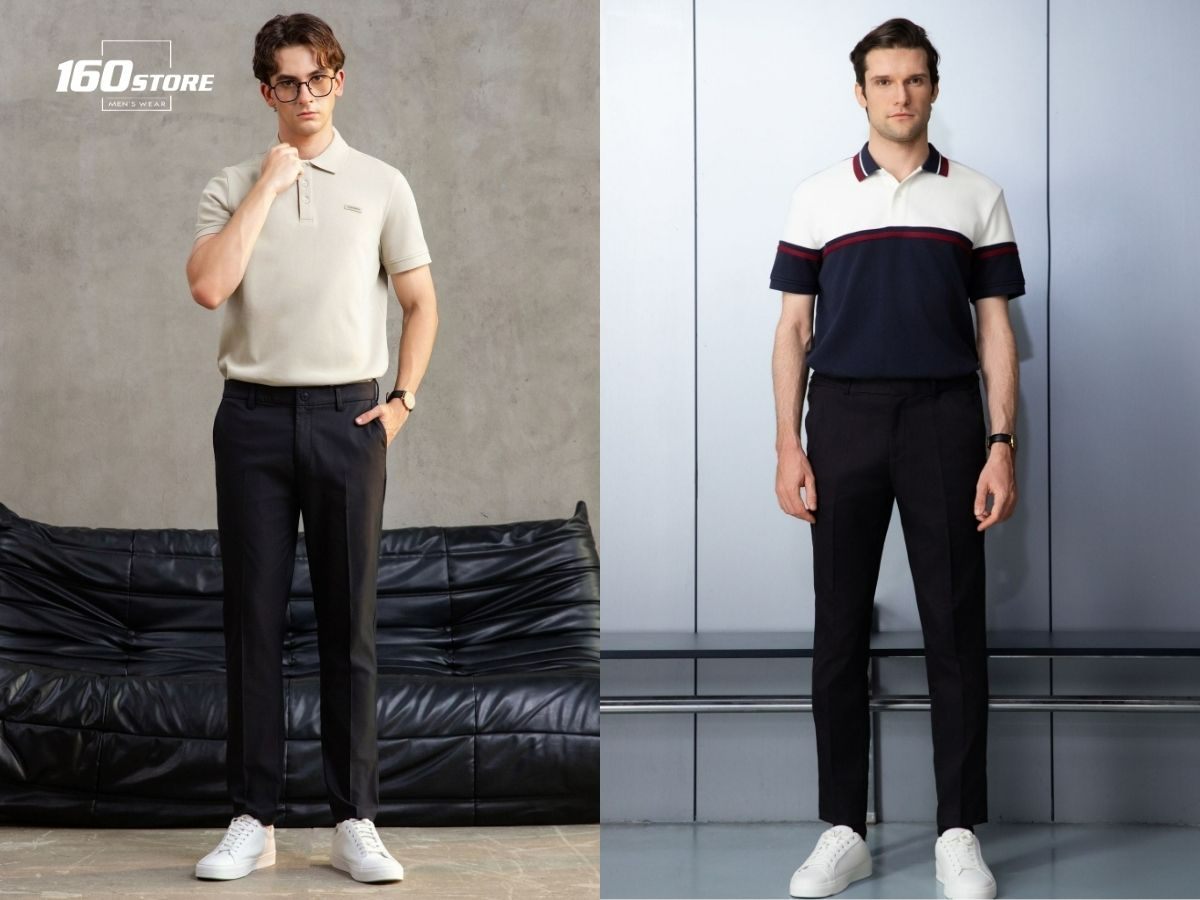 Phối áo polo dệt với quần tây và sneaker tối giản