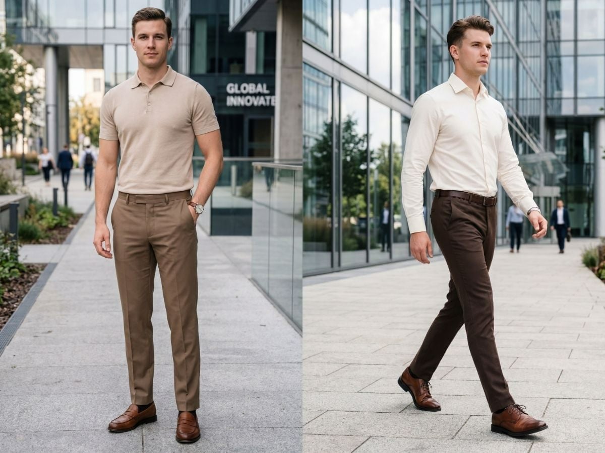 Trang phục đi làm trẻ trung, nghiêm túc với quần kaki màu nâu đất