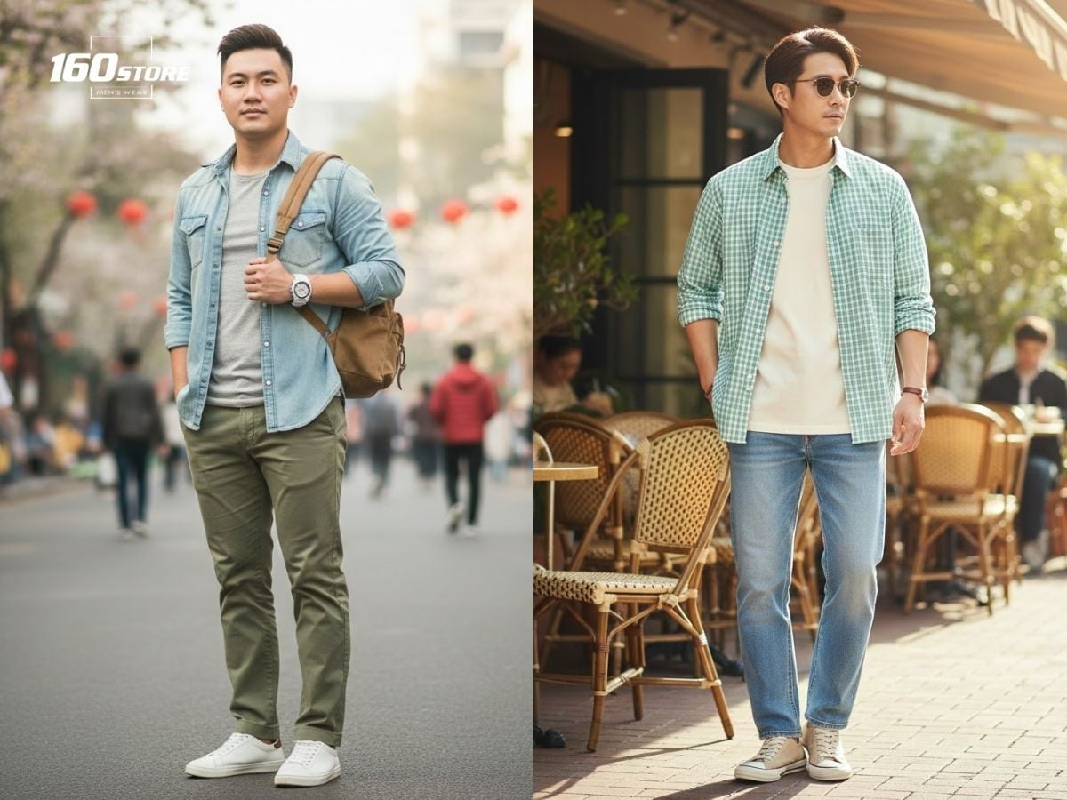 Phối áo thun trơn và sơ mi cho vẻ ngoài năng động