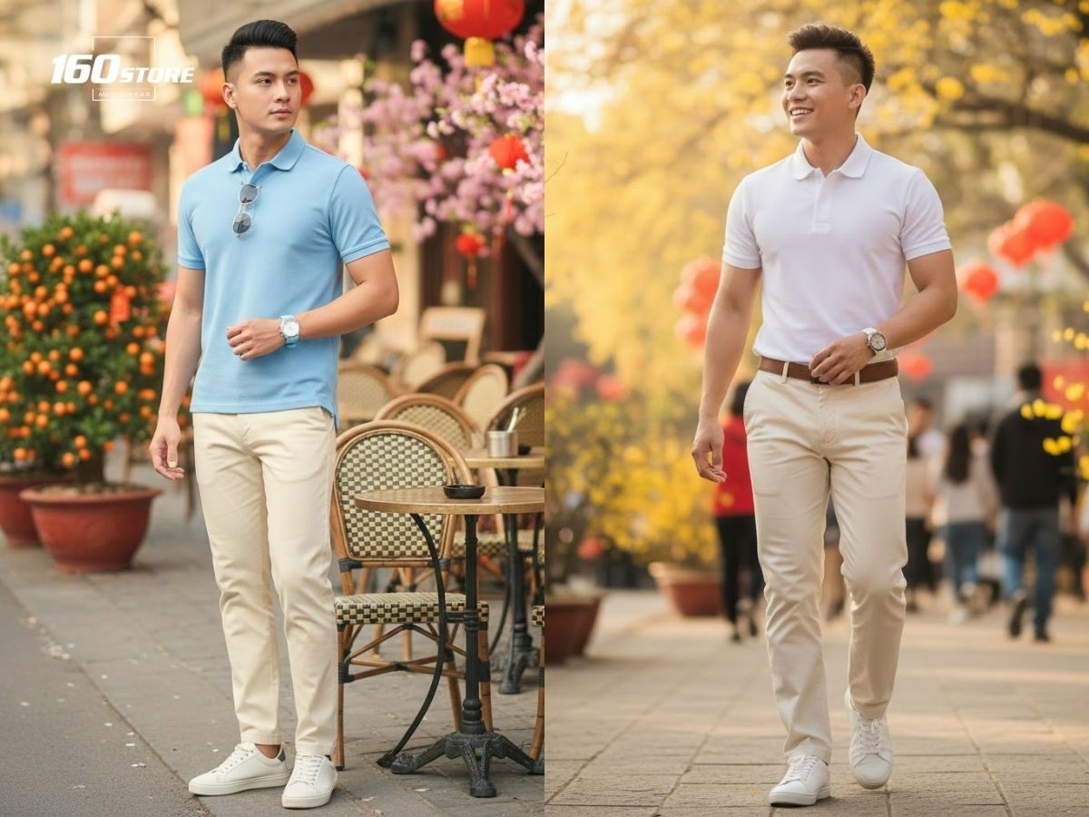 Set đồ thoải mái du xuân với áo polo và quần chinos tông sáng