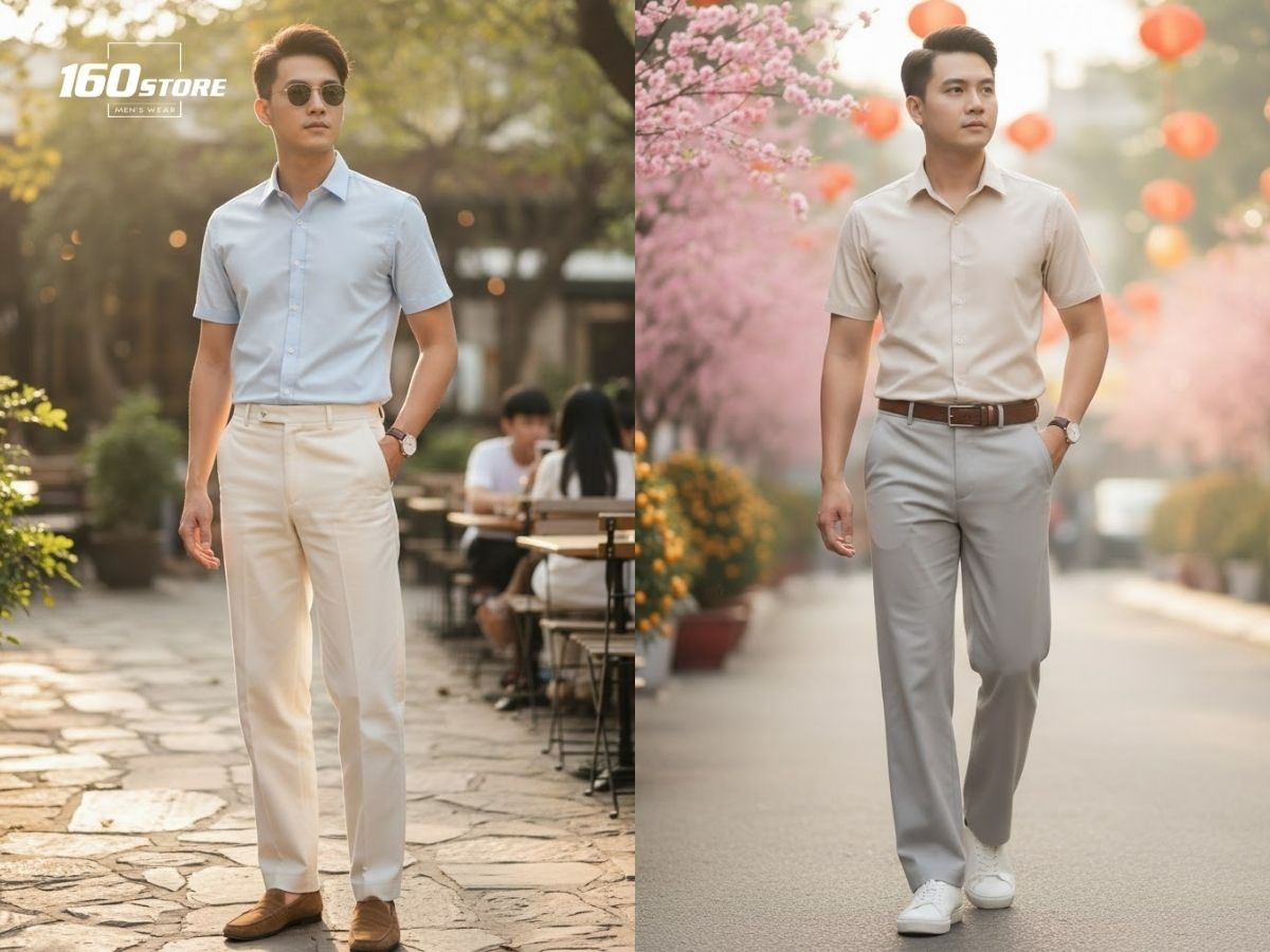 Outfit áo sơ mi tay ngắn và quần tây ống suông lịch sự, phóng khoáng
