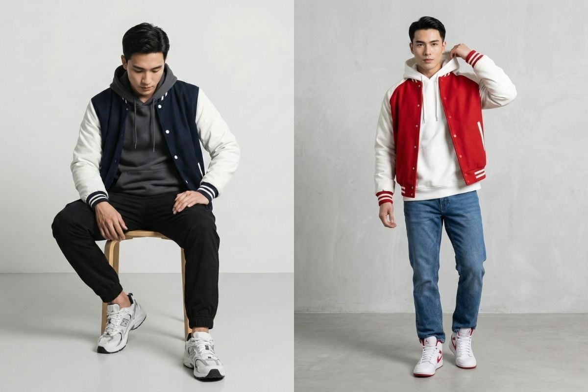 Phối áo hoodie và áo khoác varsity