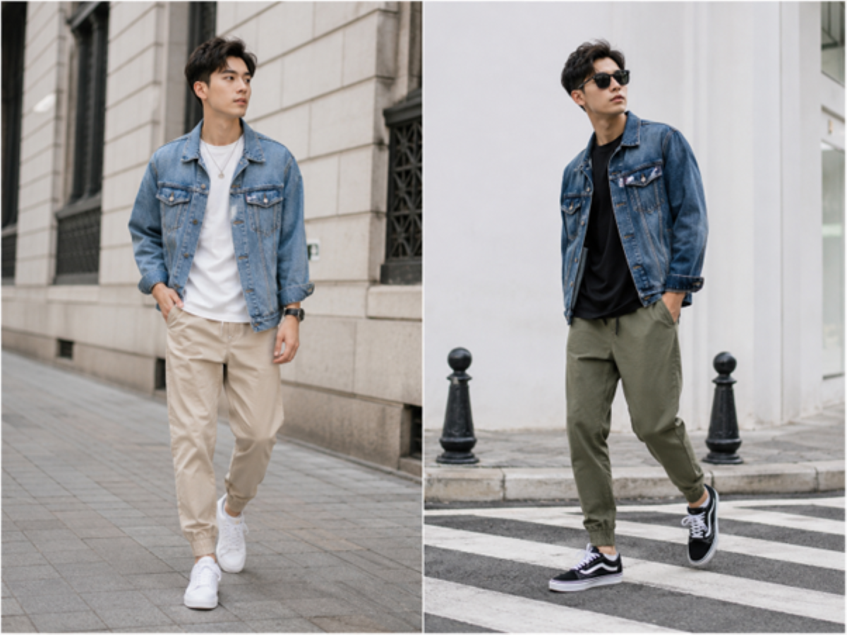 Áo khoác denim phối jogger kaki tạo cảm giác phong trần, vững chãi