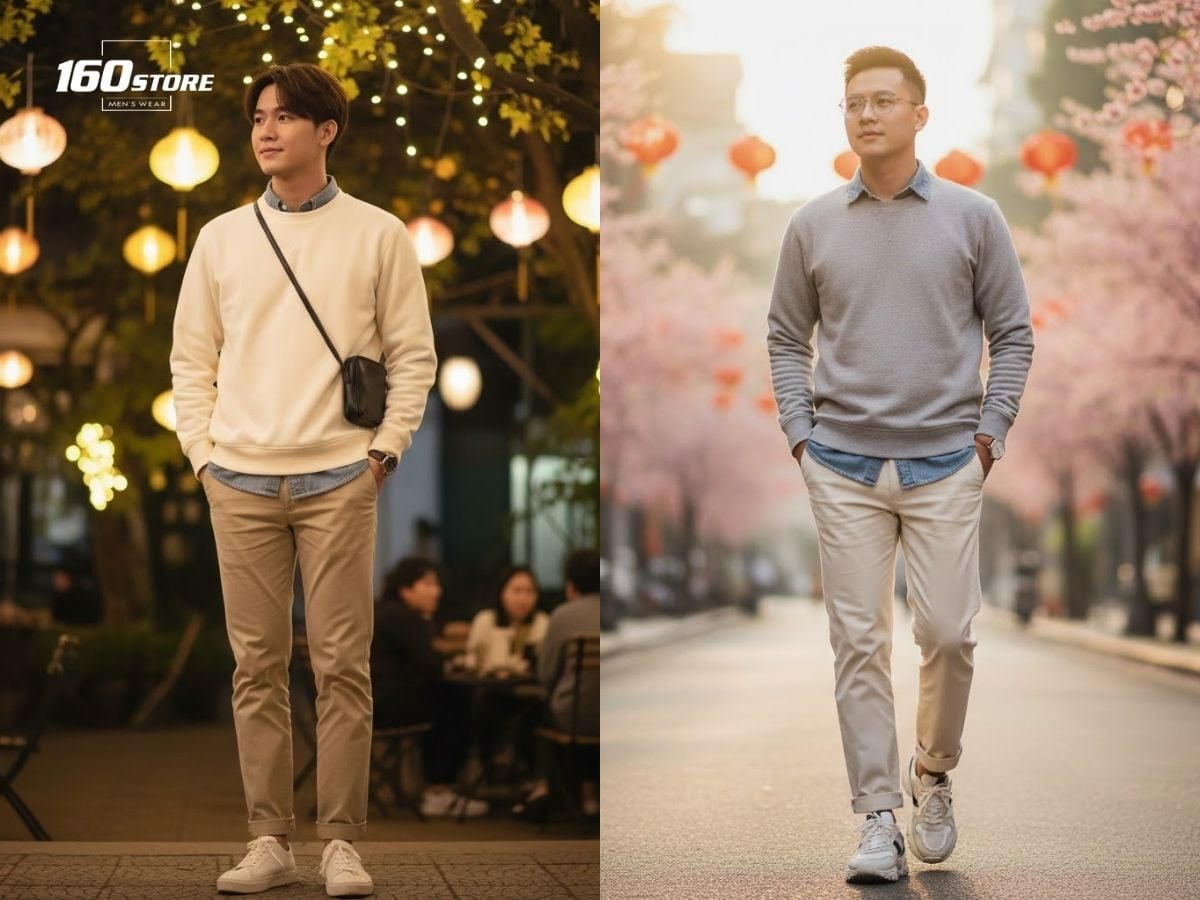 Kết hợp tông sáng giữa áo nỉ trơn, sơ mi denim và quần chinos