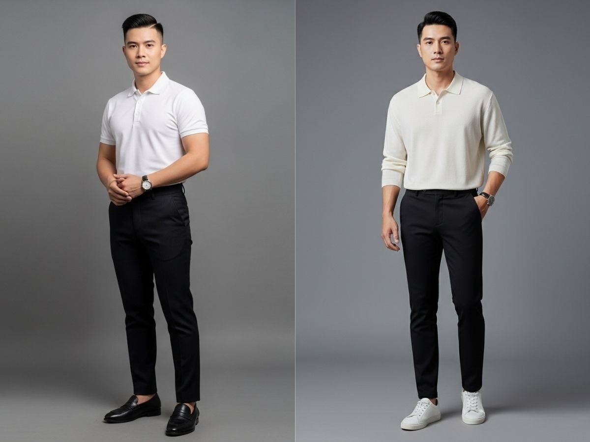 Áo polo trắng phối quần tây đen