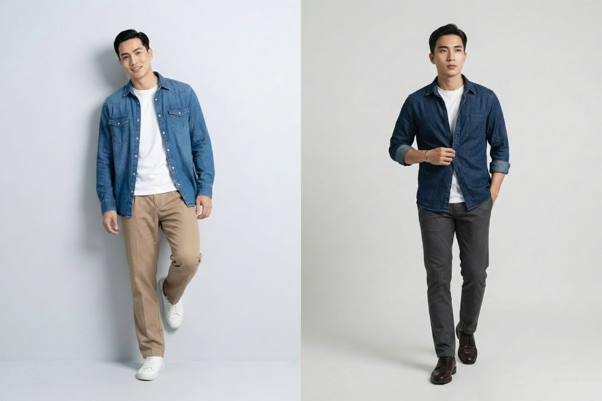Phối áo thun trắng với áo sơ mi denim