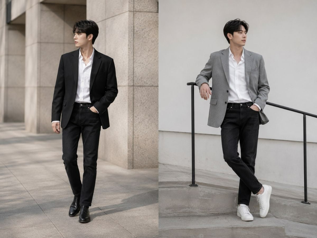 Blazer phối sơ mi trắng và jean đen tạo phong cách smart casual