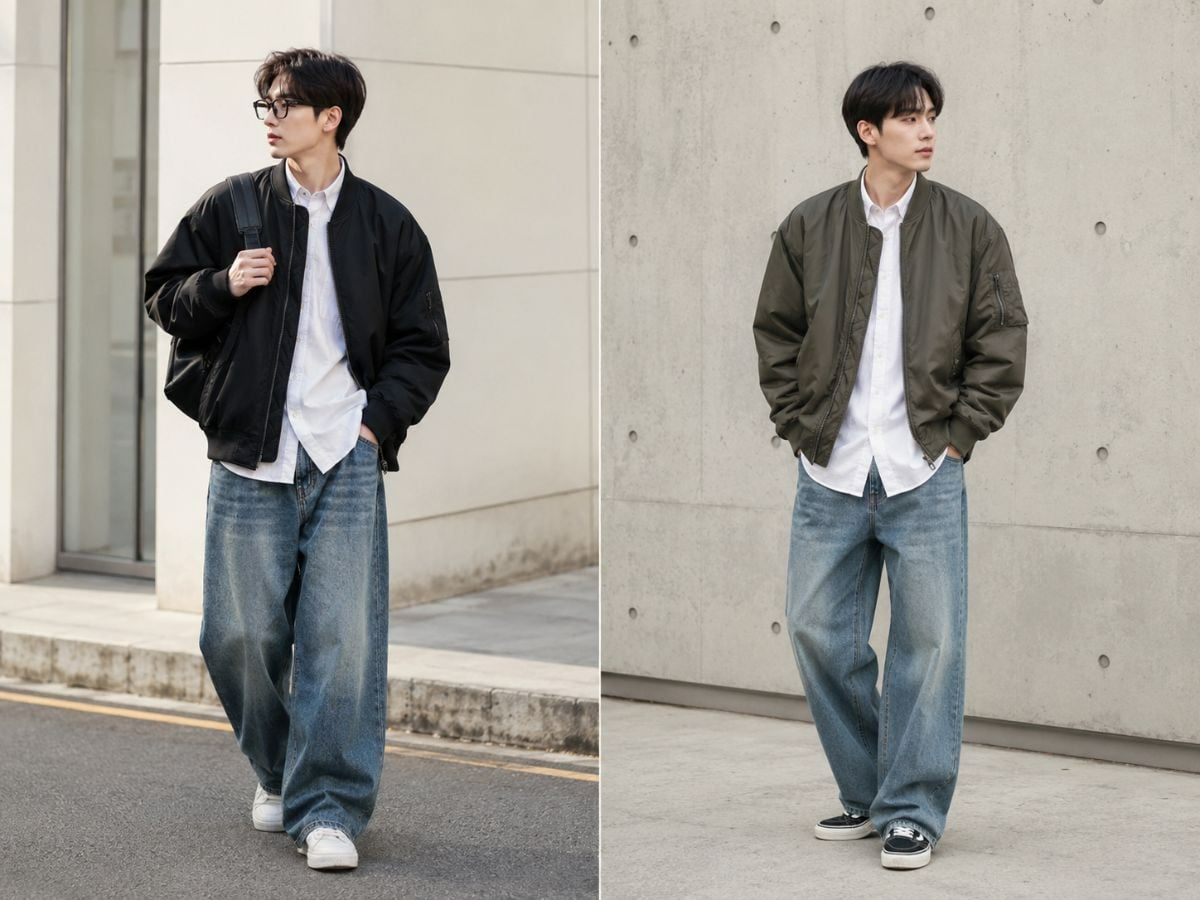 Bomber phối sơ mi trắng và jean baggy mang hơi hướng streetwear