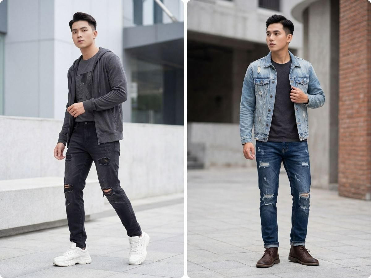 Quần jeans Ripped cho nam giới thích phong cách bụi bặm