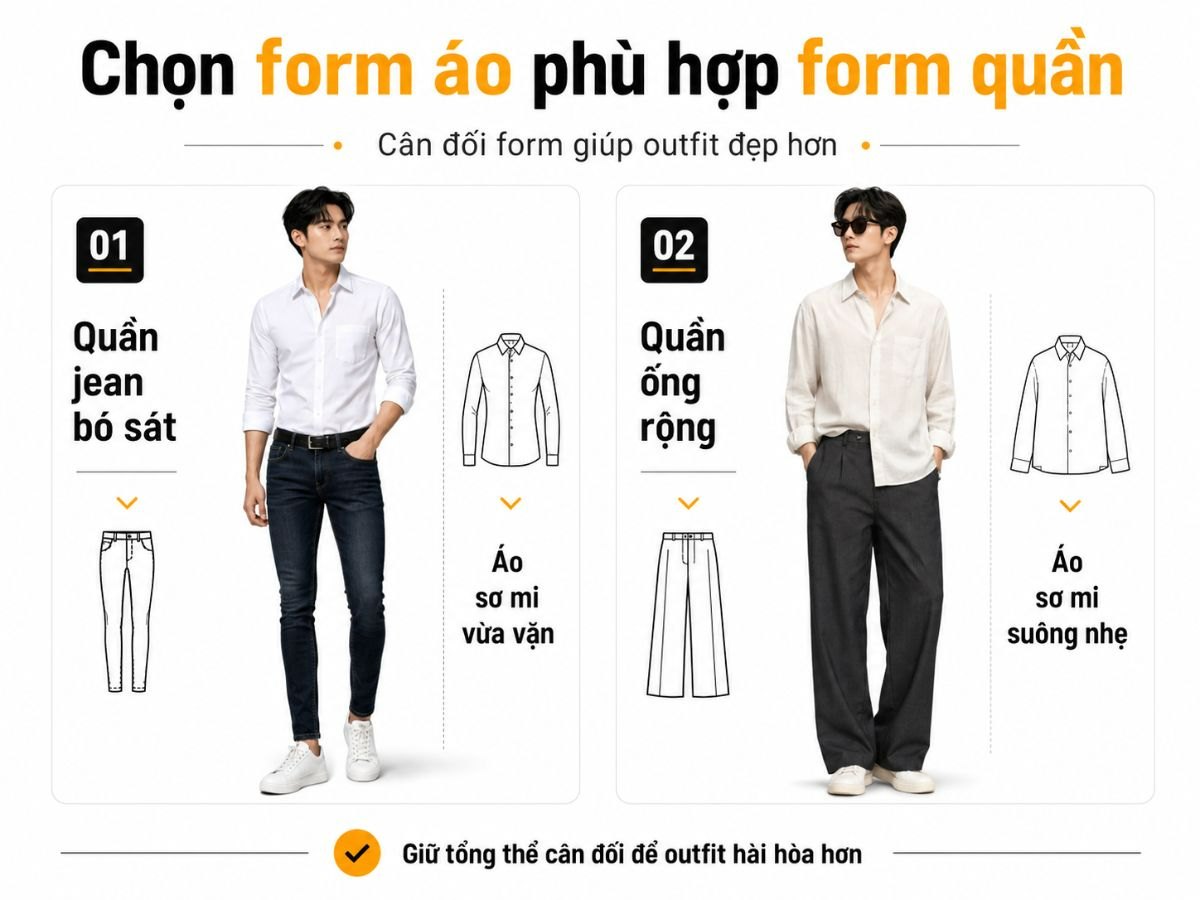 Chọn form áo và quần cân đối để tổng thể gọn gàng hơn