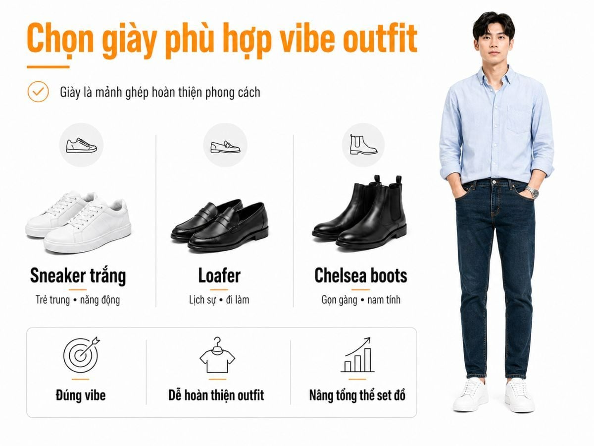 Chọn đúng giày giúp set áo sơ mi quần jean hoàn thiện hơn