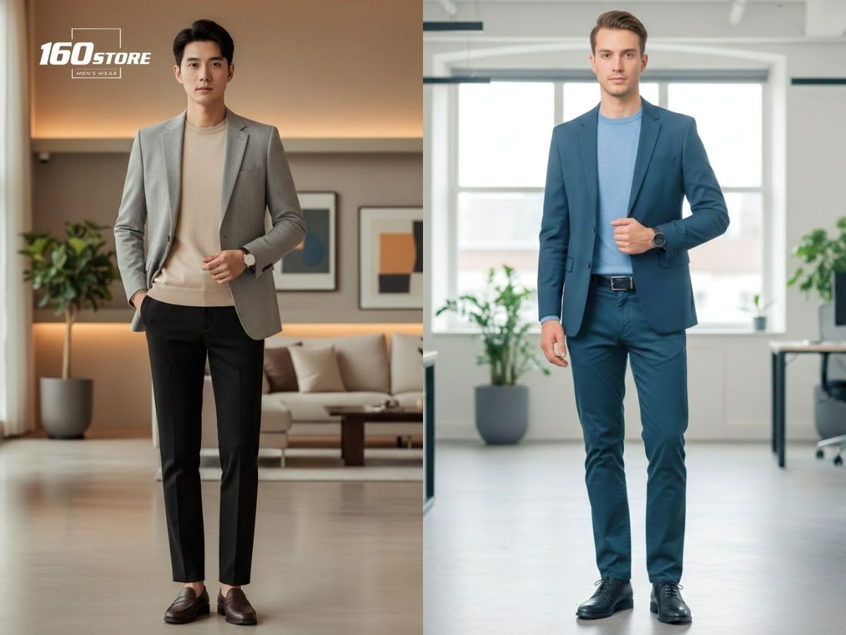 Một chiếc áo len mỏng cùng blazer tạo nên phong thái quý ông, lãng tử