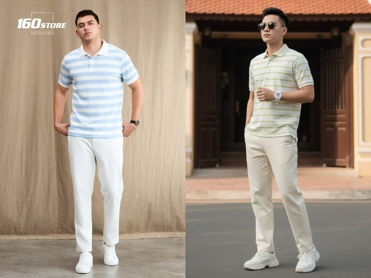 Áo polo kẻ ngang trẻ trung giúp những chàng mảnh khảnh cải thiện vóc dáng