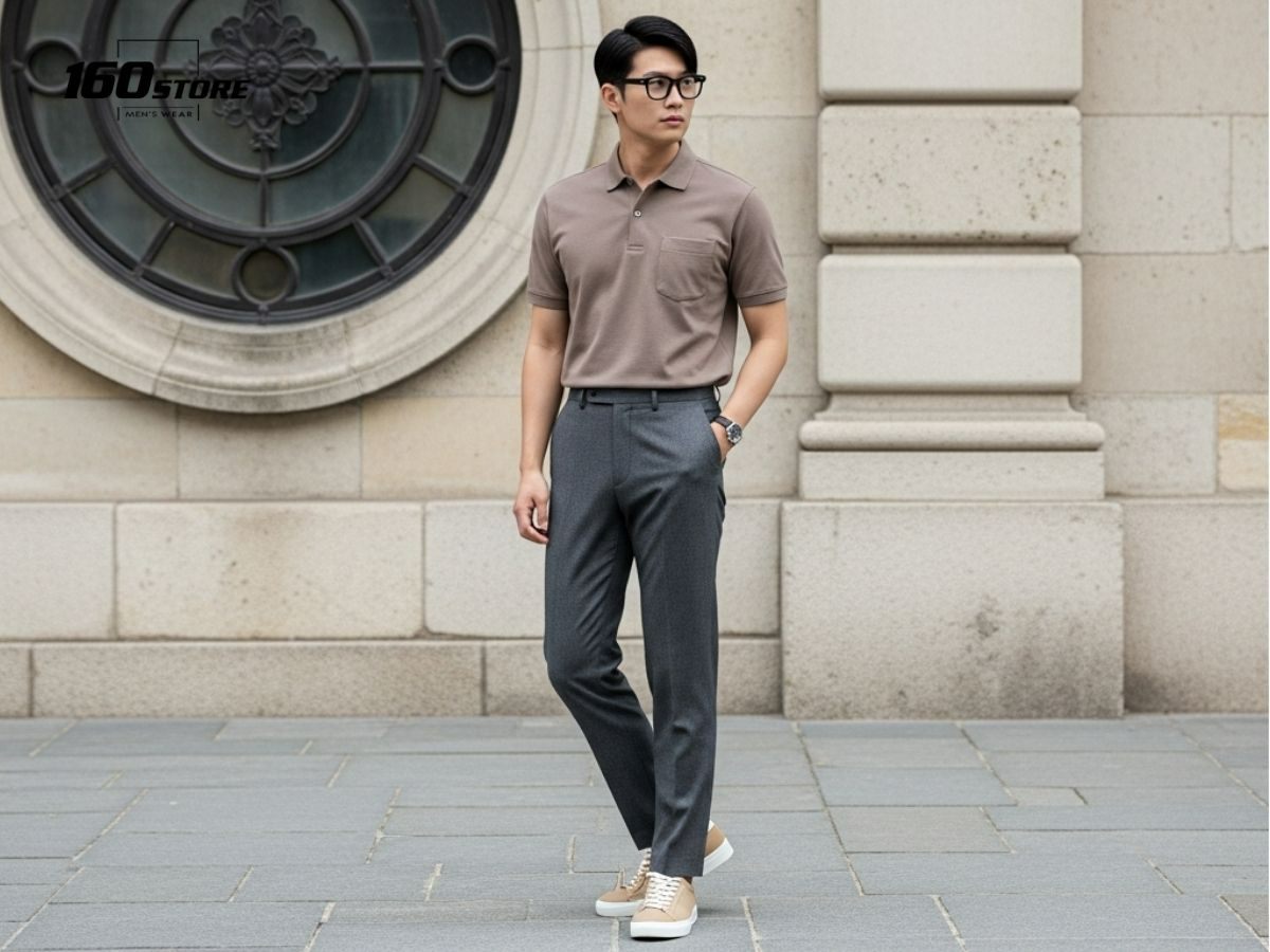 Outfit polo tông trung tính kết hợp quần tây tối màu