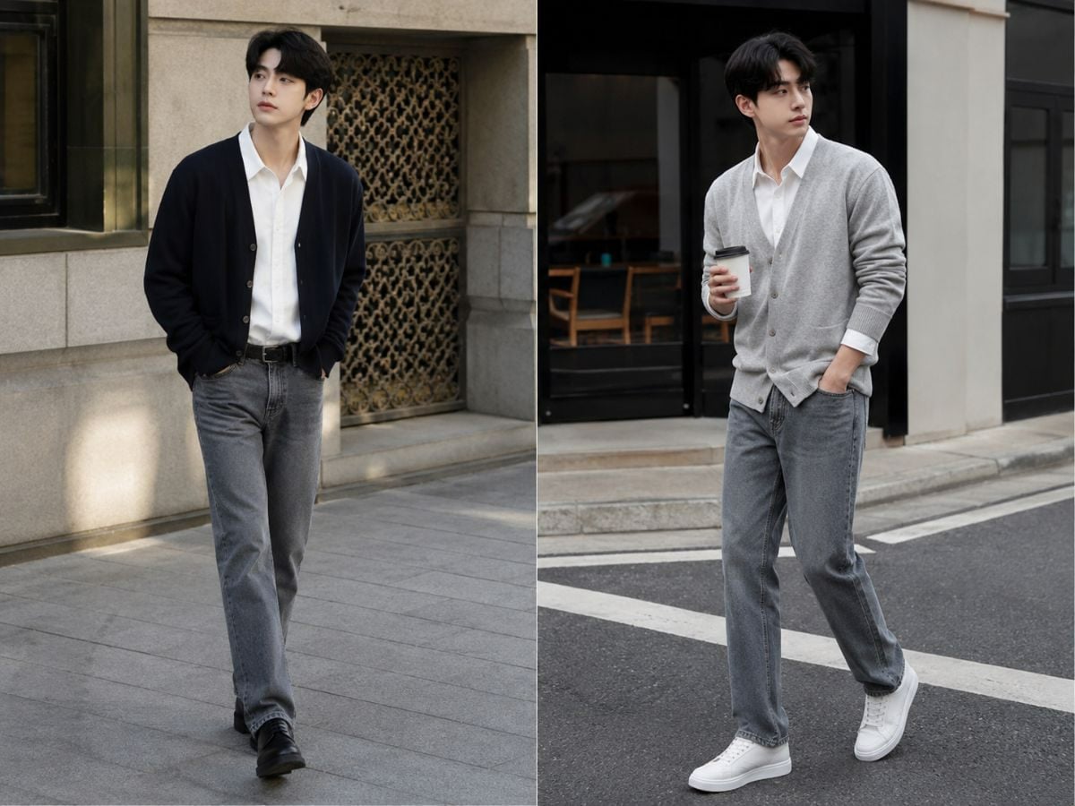 Cardigan mỏng phối sơ mi trắng và jean xám tạo vẻ ngoài tinh tế