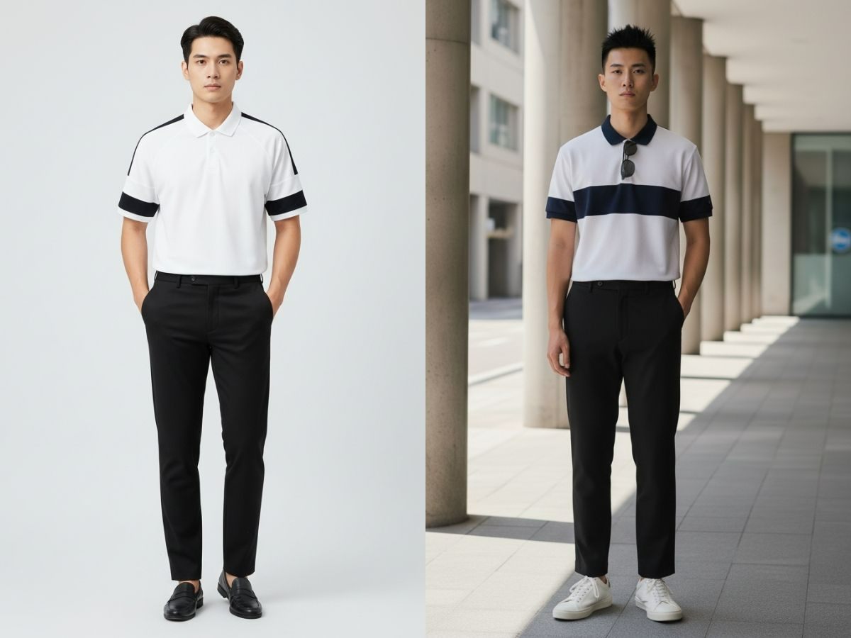 Áo polo họa tiết phối quần tây trơn tạo điểm nhấn tinh tế