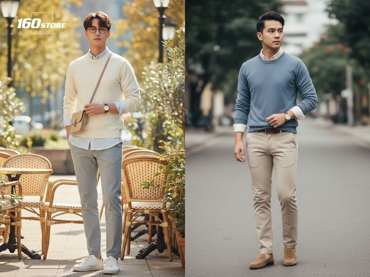 Lựa chọn áo sơ mi với áo len cổ tròn cùng quần chinos