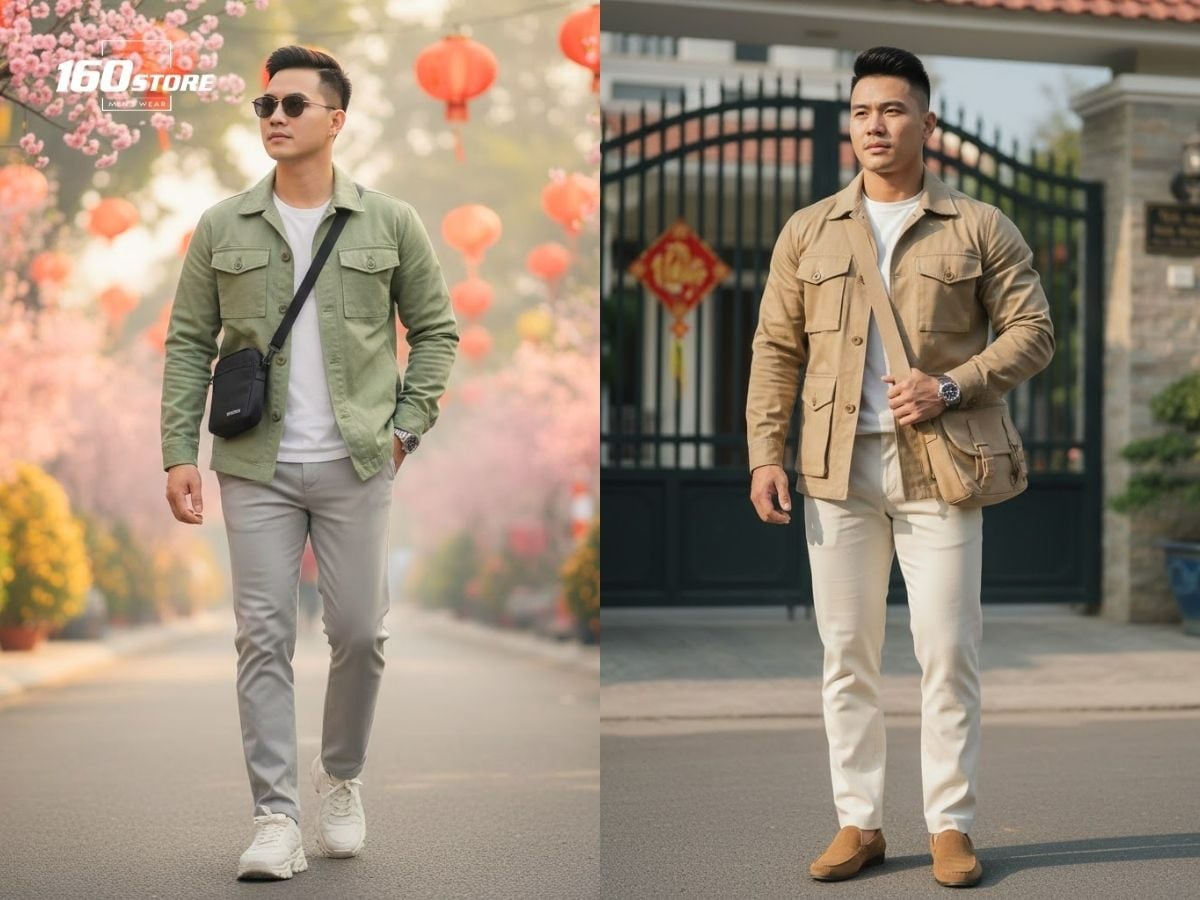 Diện áo khoác Field jacket với quần dài tông sáng mạnh mẽ