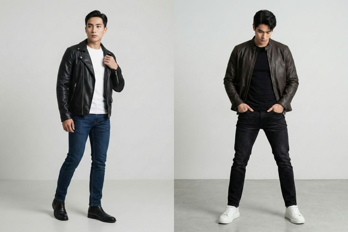 Phối áo thun trơn với áo khoác da