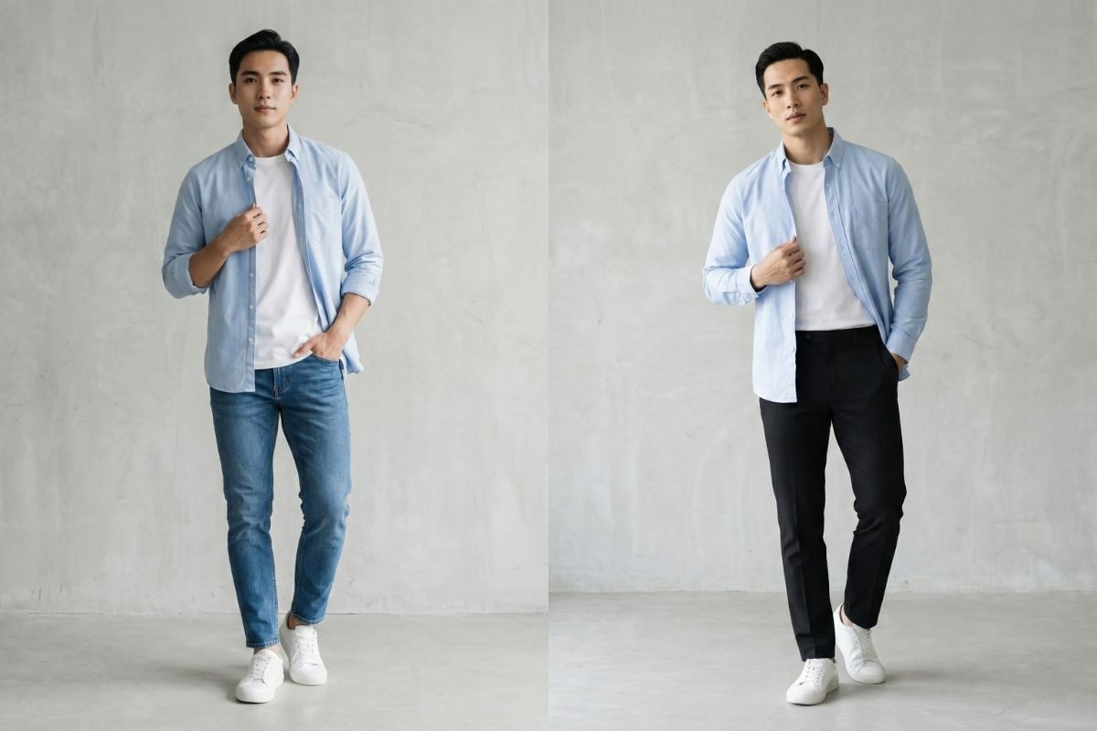 Layer áo thun và áo sơ mi tay dài