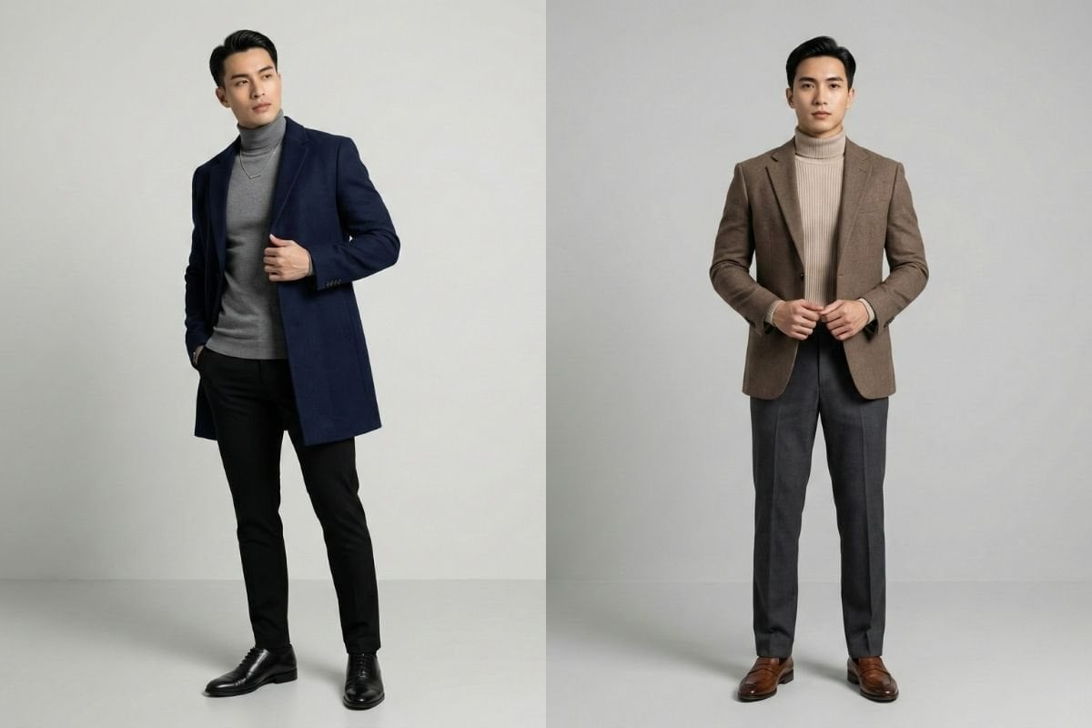 Phong cách layer lịch lãm – Phối áo len cổ trụ và blazer dáng dài