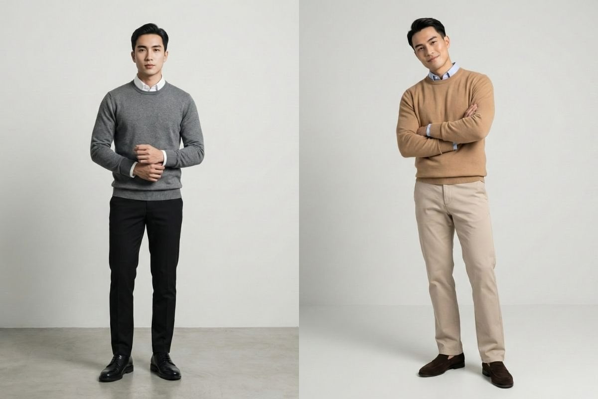 Layer nam với áo sweater và áo thun