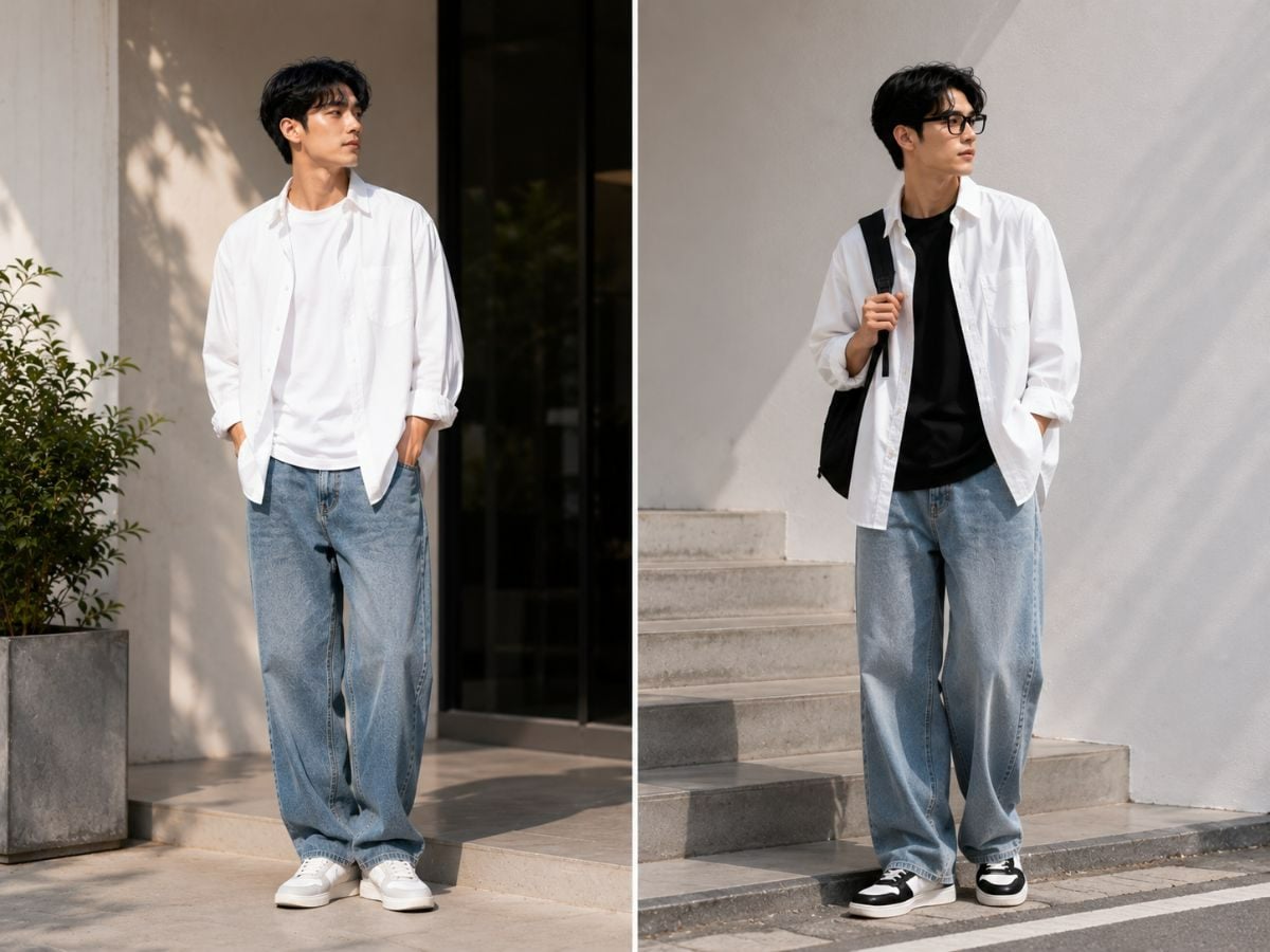 Sơ mi trắng oversize khoác ngoài áo thun giúp outfit trẻ trung hơn