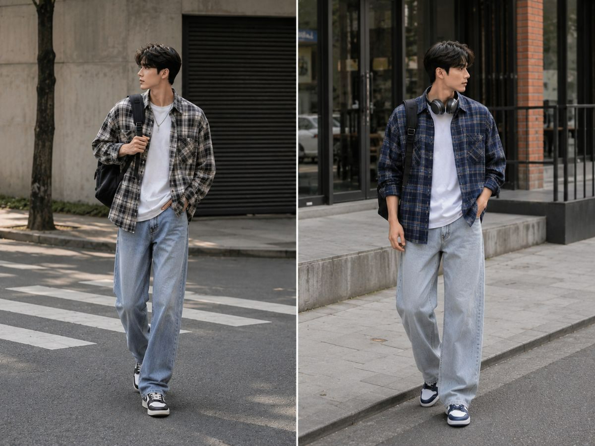 Sơ mi caro layer áo thun và jean baggy tạo outfit streetwear trẻ trung