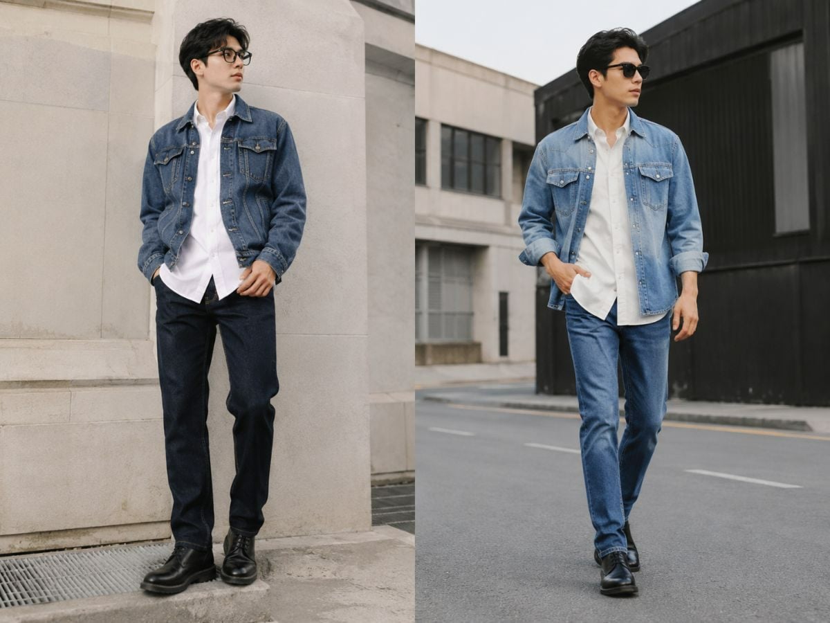 Sơ mi trắng làm nền cho denim on denim trông hài hòa hơn