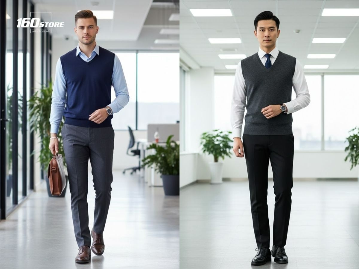 Phối áo sơ mi với áo len cổ V ấm áp, thanh lịch